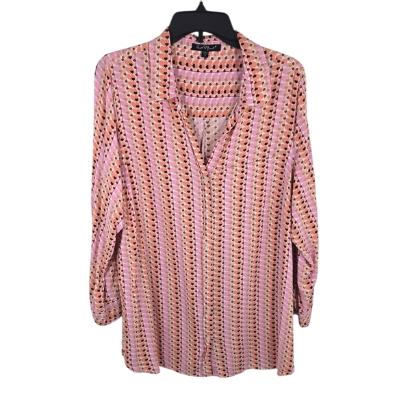 {Velvet 💗 Heart} Pink and Orange Heart Print Button Down Shirt - Size 1X - Picture 1 of 12